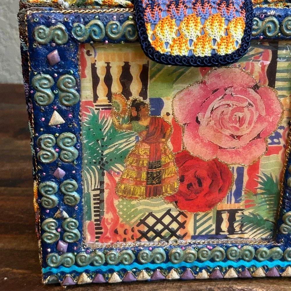 Mary Frances Beaded Box Crossbody Bag Floral Guitar Art Handcrafted Purse